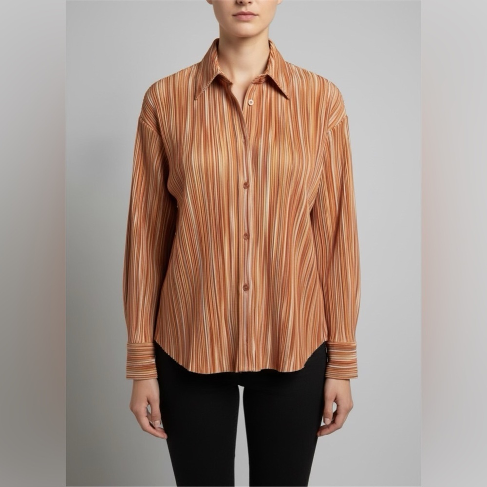 Steve Madden Pleated Long Sleeve Button-Down Blouse Top Metallic Orange Sz S